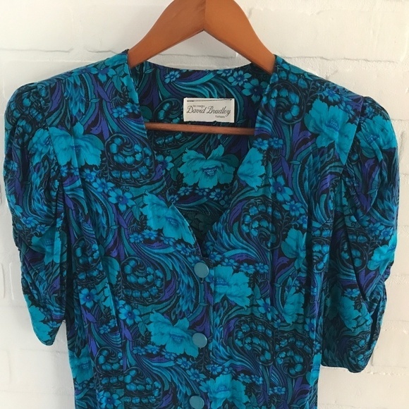 Vintage Mini Dress Sweetheart neck Cobalt Blue/turquoise Paisley Floral print M - Picture 4 of 8